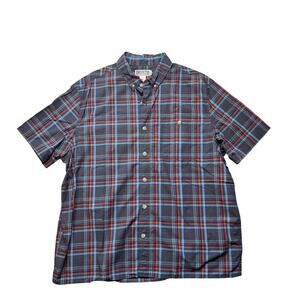 Duluth Trading Co. Button Down Plaid Short Sleeve Relaxed Fit Blue Shirt Mens XL